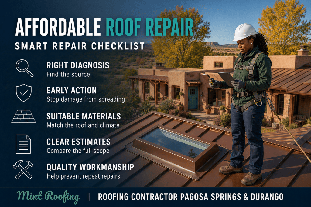Contractor inspecting a residential roof for affordable roof repair in Durango