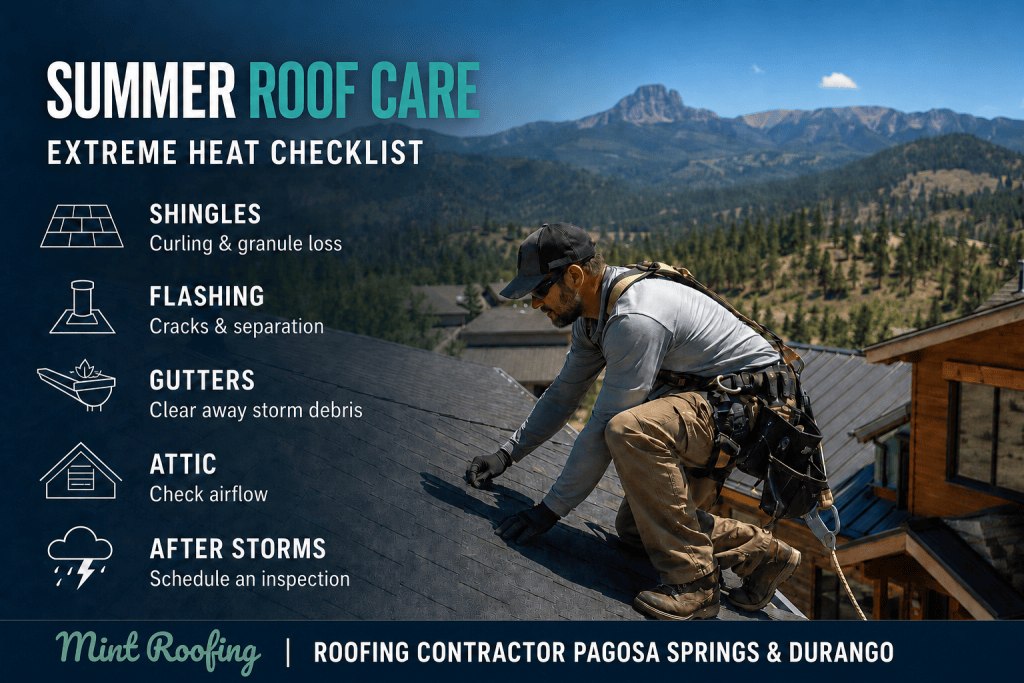 Roofer inspecting a home roof during summer in Southwest Colorado