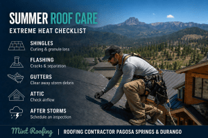 Roofer inspecting a home roof during summer in Southwest Colorado